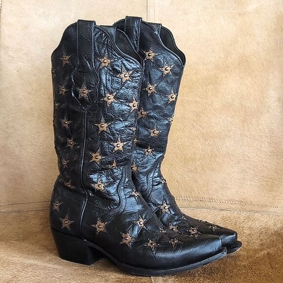 Black Star Women's  Marfa Cowboy Boot With Star Stud Inlay Size 8  1/2 🖤 Black - Picture 1 of 16